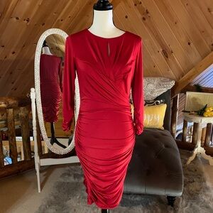 Elegant Red Ruched Long-Sleeve Dress